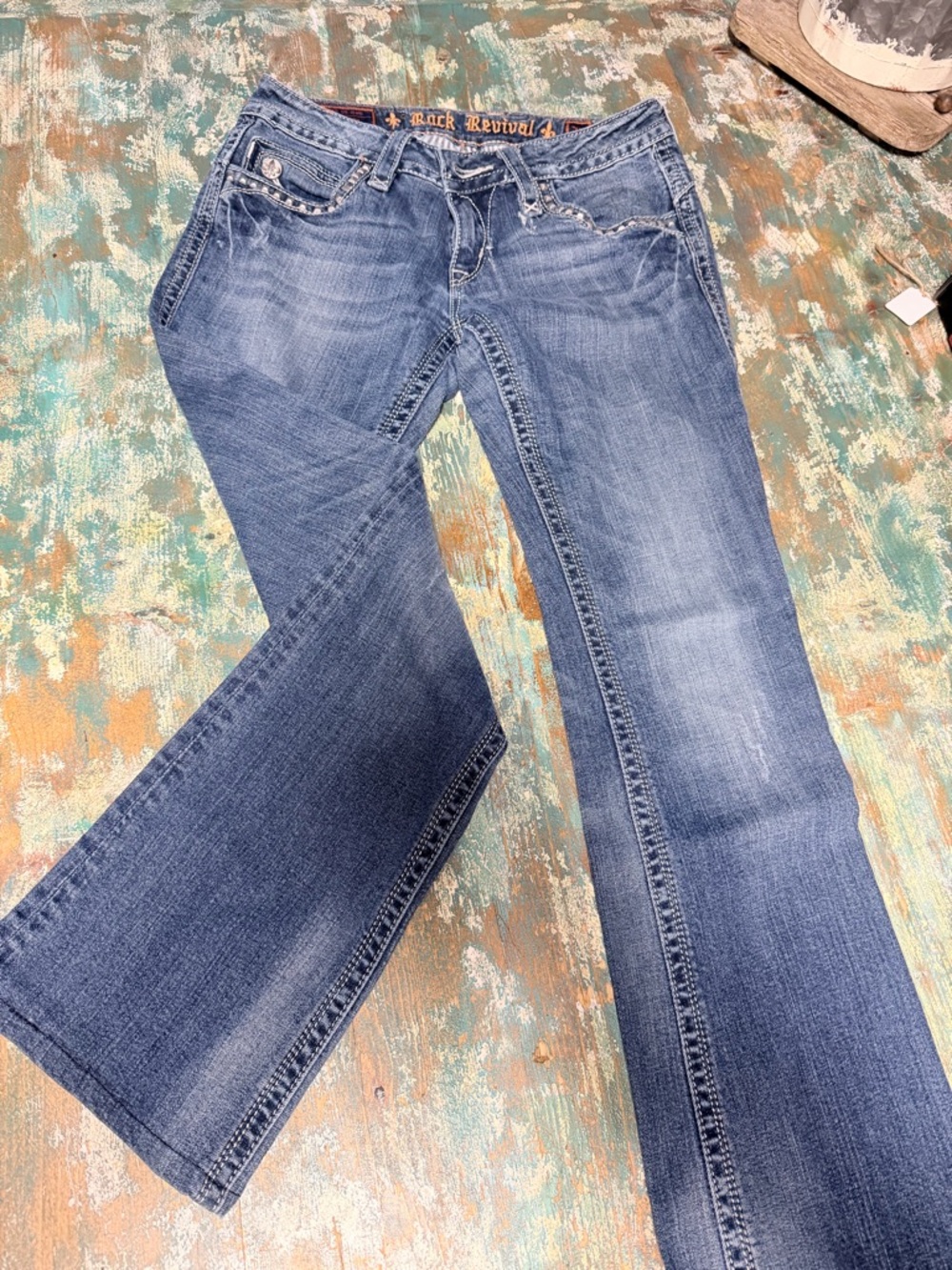 Rock Revival Flare Jeans in Mid Blue Wash